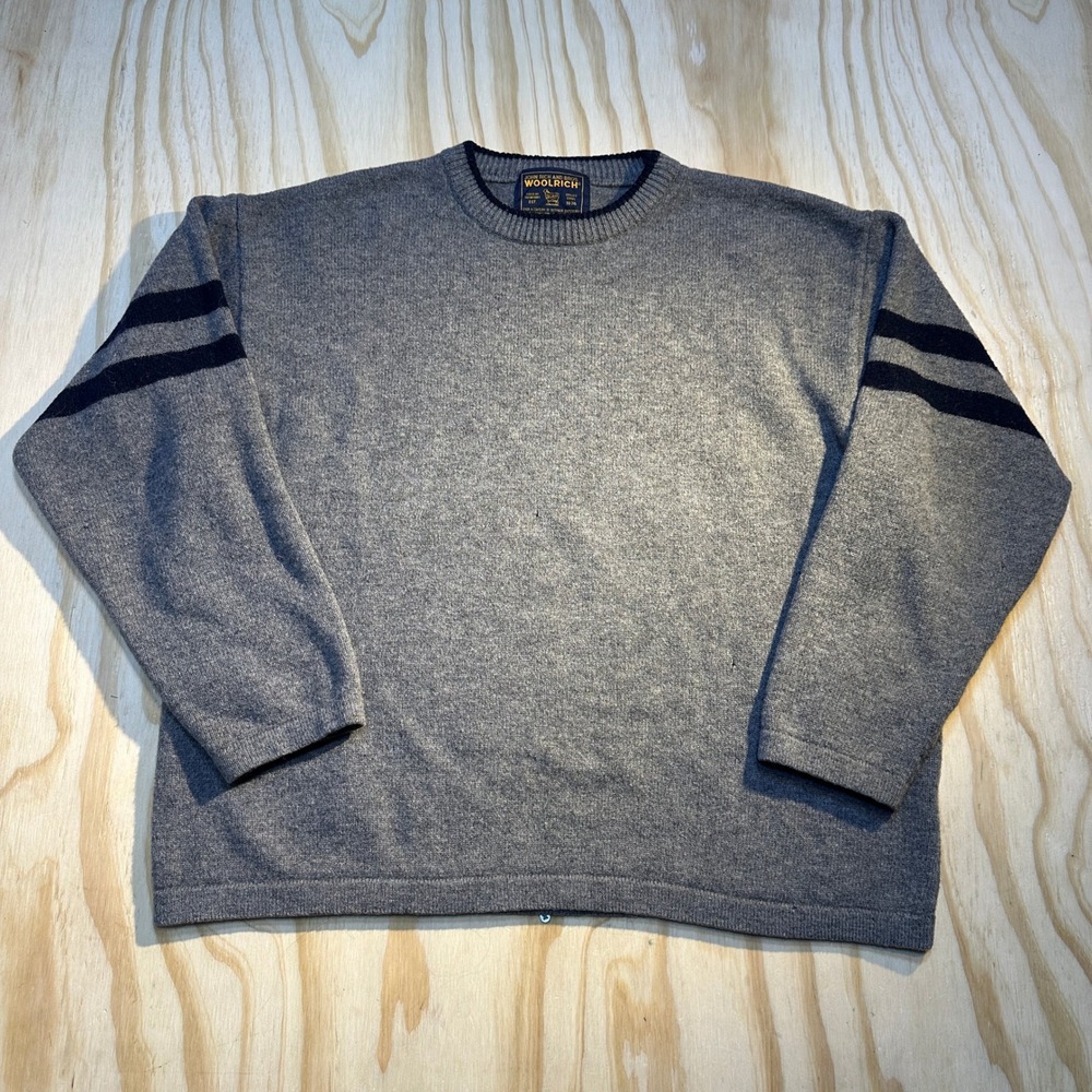 Woolrich Mens XL Gray Crewneck Sweater Navy Sleeve Stripes Heritage Knit